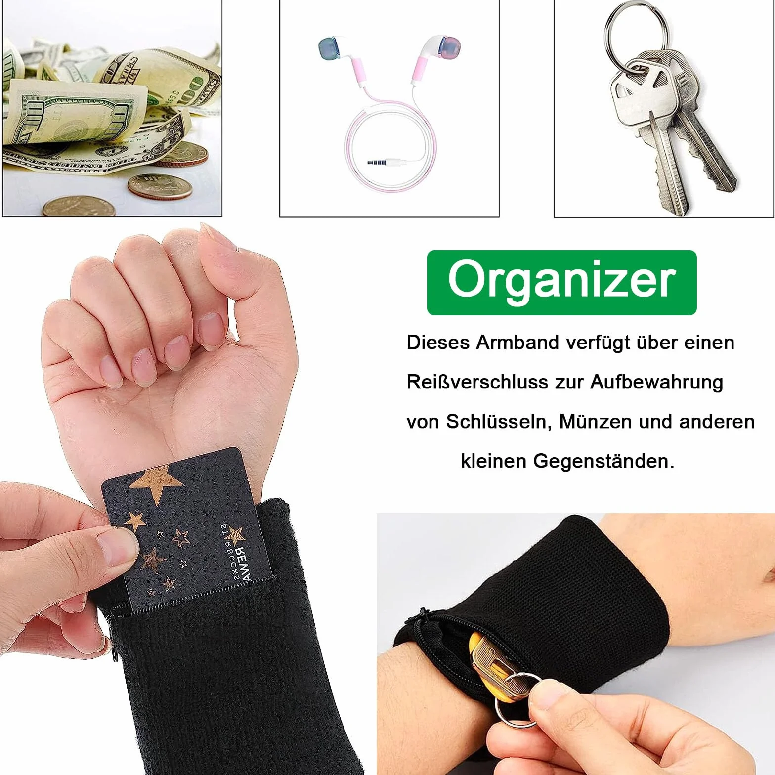 Bracelet de Sport à Glissière 4 pièces Sac à Poignets avec Bandeau de Transpiration pour Course Jogging Noir
