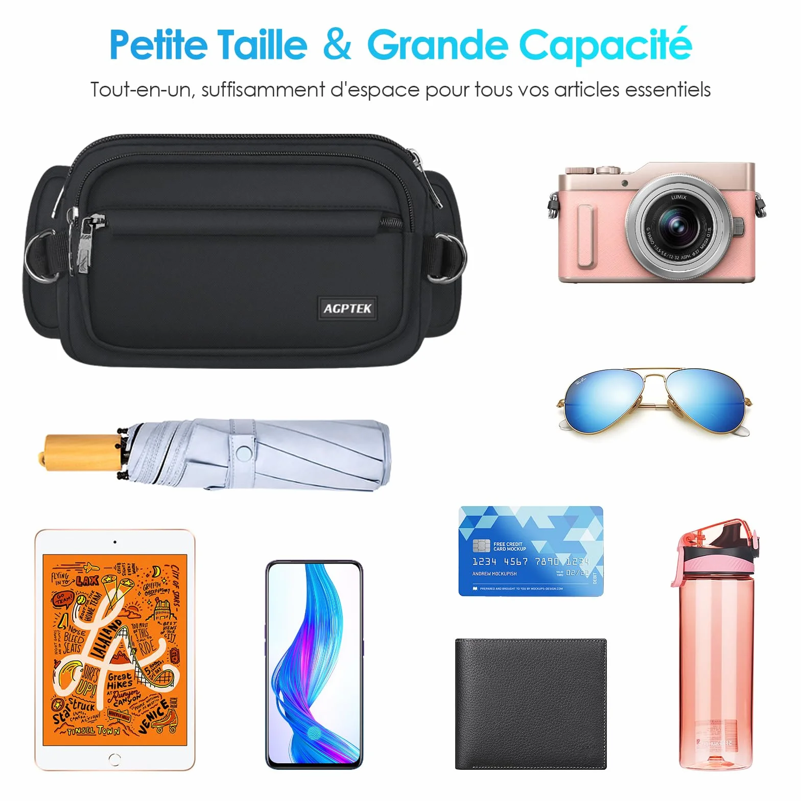 AGPTEK Sac Banane Ceinture de Course Homme Femme Outdoor Sport, Sac Sacoche Banane Capacité Grande avec Multiples Poches et Ceinture Réglable pour Voyage, Randonnée,Escalade, Jogging, Randonnée