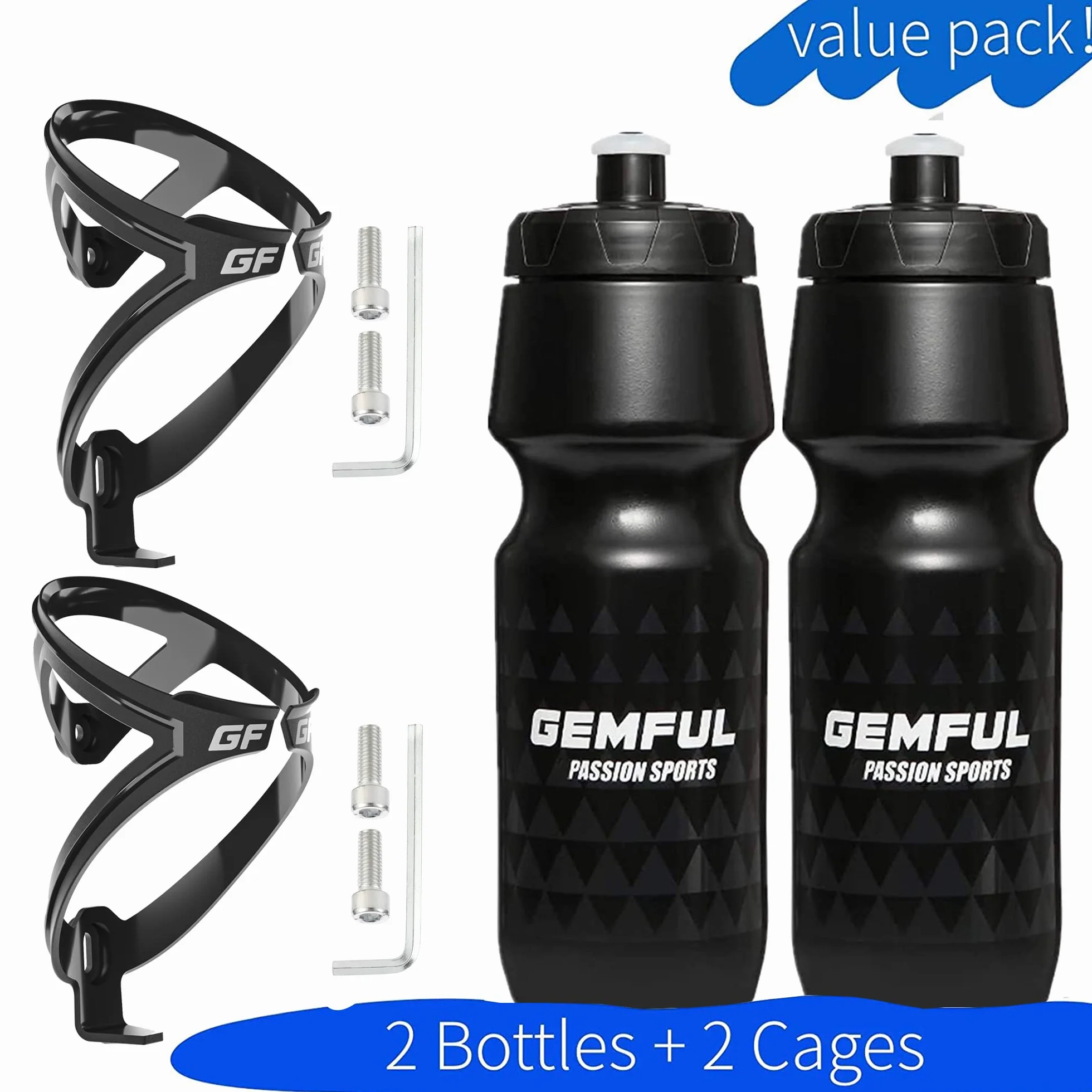 GEMFUL Support de bidon de Bouteille de Vélo avec Gourde 750 ML sans BPA aux VTT Vélo de Route 4 PCS（2 Cage + 2 Gourde）