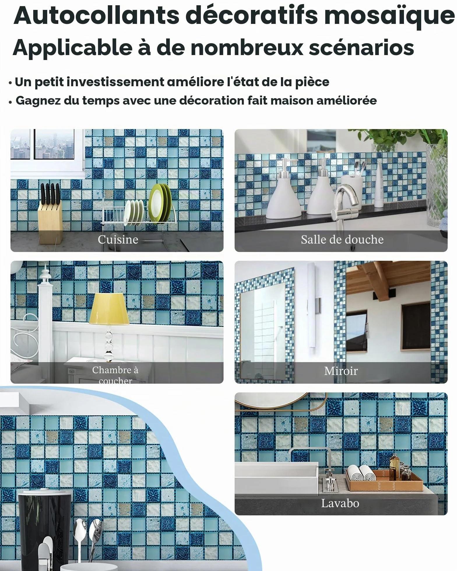 Autocollant Carreau Auto-Adhésif Fond D'écran Résistant à la Chaleur Étanche Dosseret Cuisine Salle de Bâton Mosaïque Bleu 10x10 cm