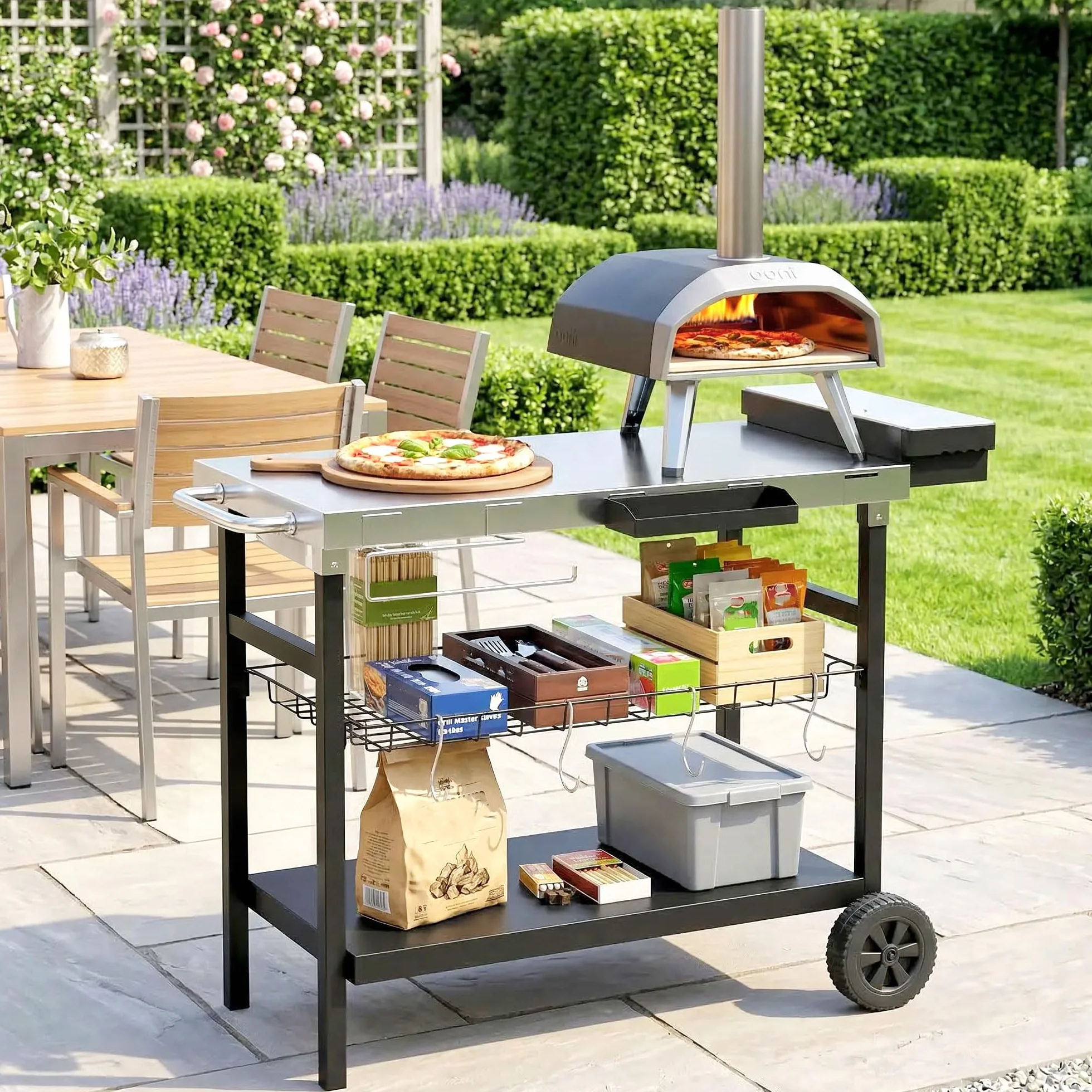 Outsunny Chariot Barbecue 3 Niveaux Inox avec Plan de Travail, Panier Amovible, Noir