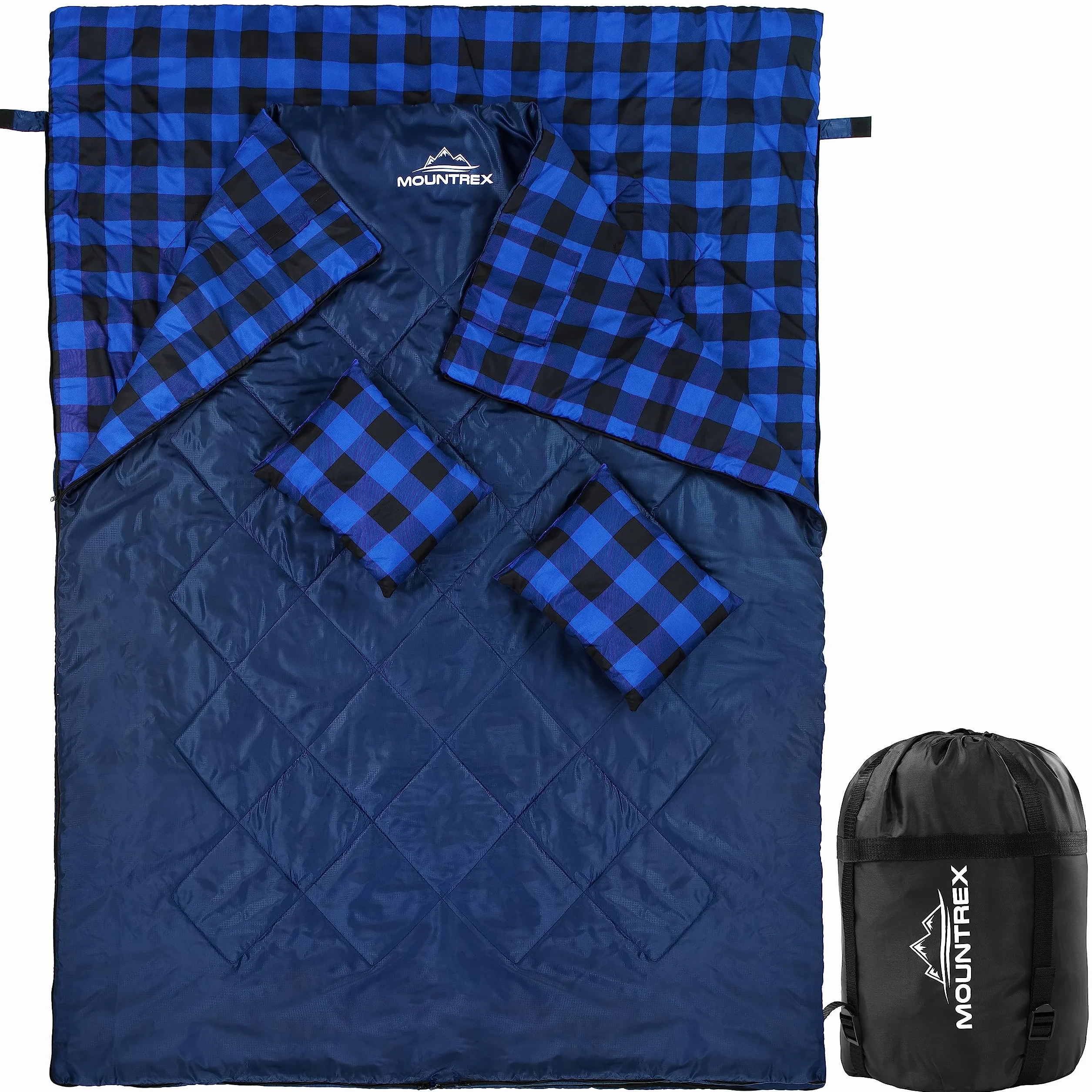 MOUNTREX Sac de Couchage Double d'Été XXL 210 x 150 cm Pour 2 Personnes Avec 2 Oreillers Camping Extérieur
