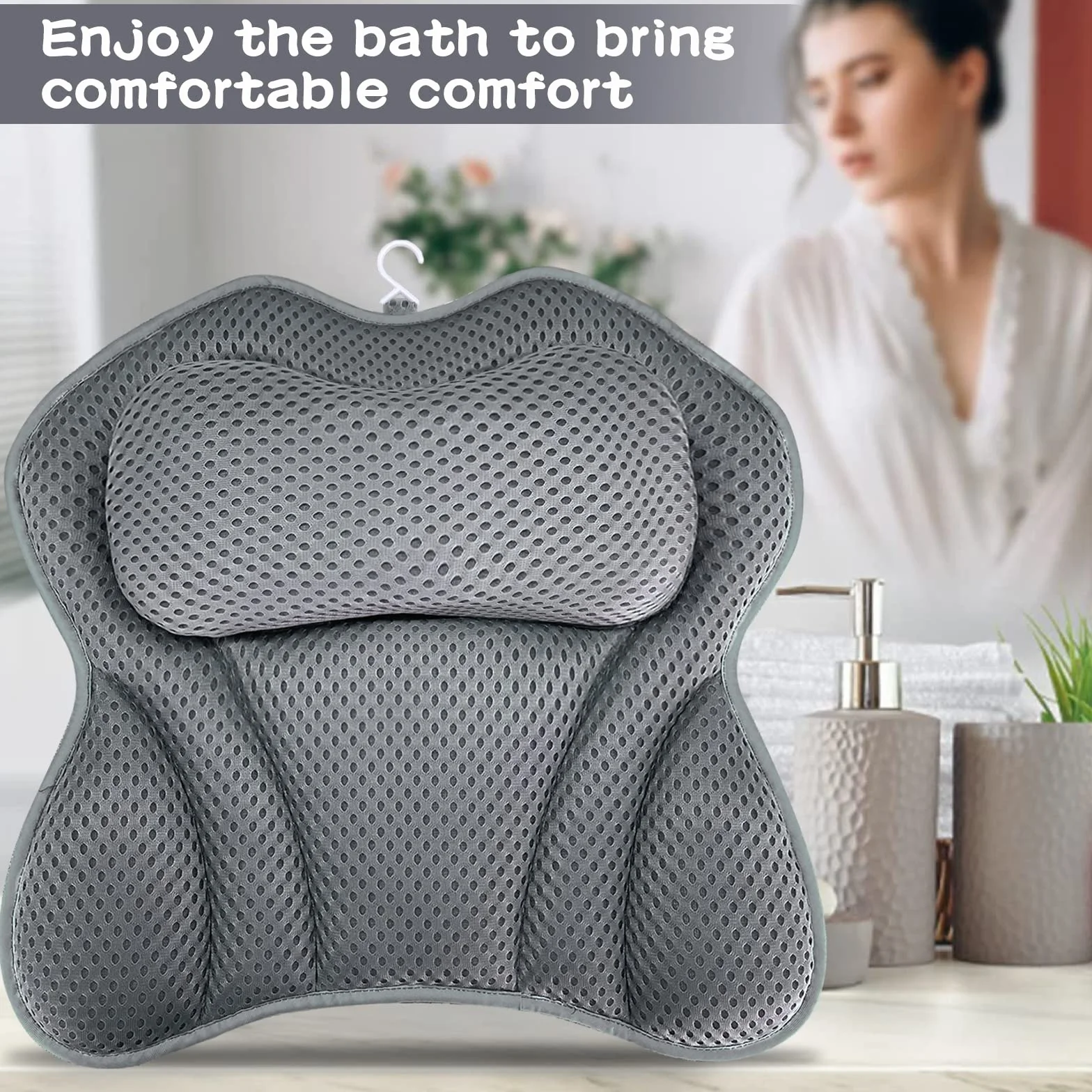 Coussins de Bain Baignoire 4D 6 Ventouses Antidérapant Oreiller Spa Jacuzzi Baignoire Grey