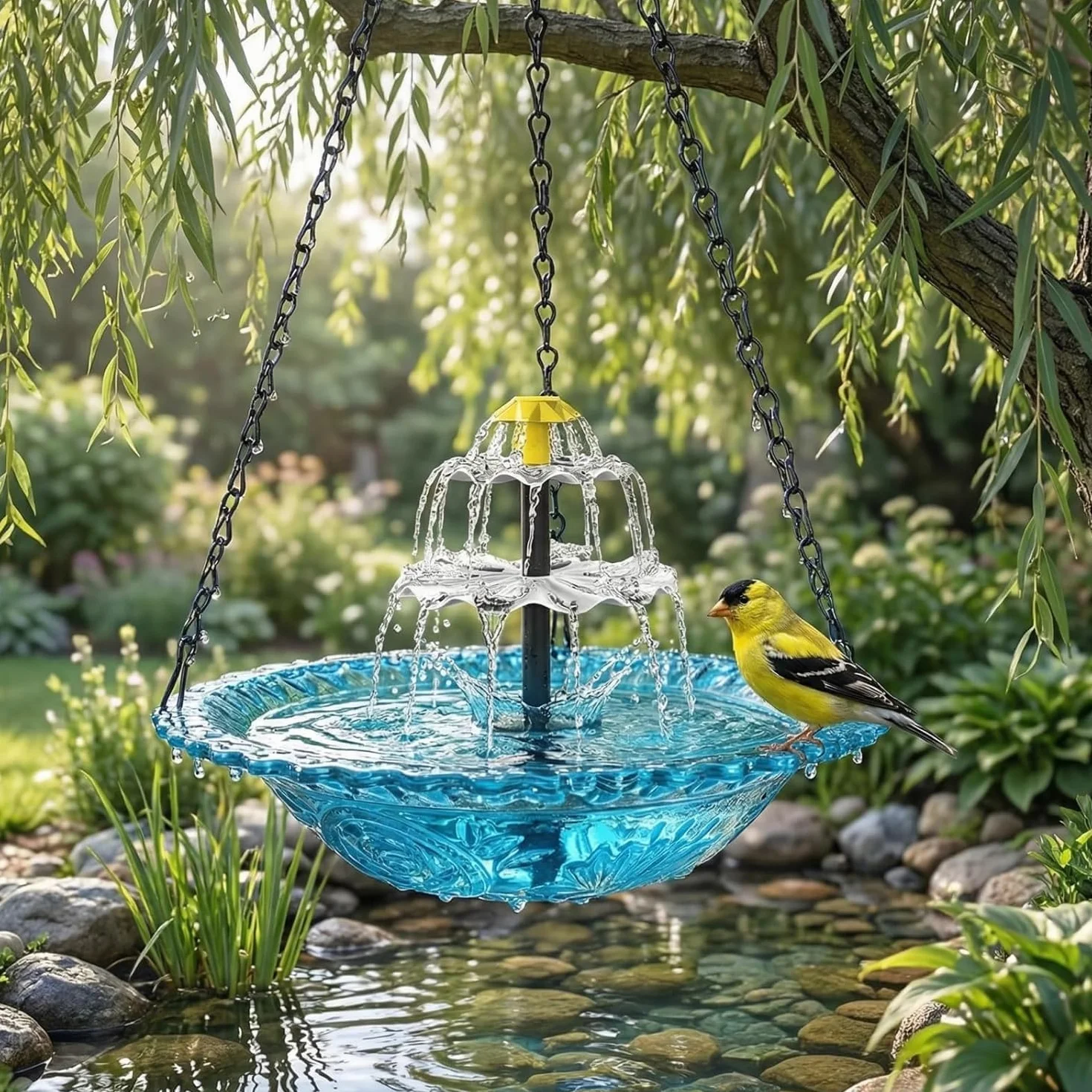 Fontaine Solaire Suspendue pour Oiseaux, Cascade à Énergie Solaire, Bain d’Oiseaux Extérieur Décoratif
