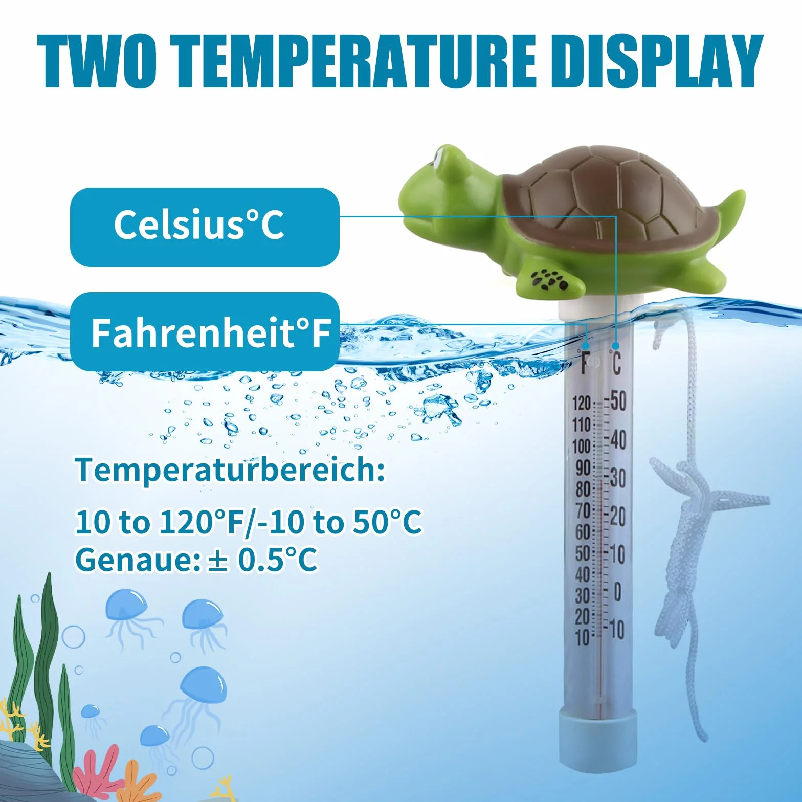 Thermometre Piscine Rigolo Flottant Tortue avec Corde Anti-Dérive