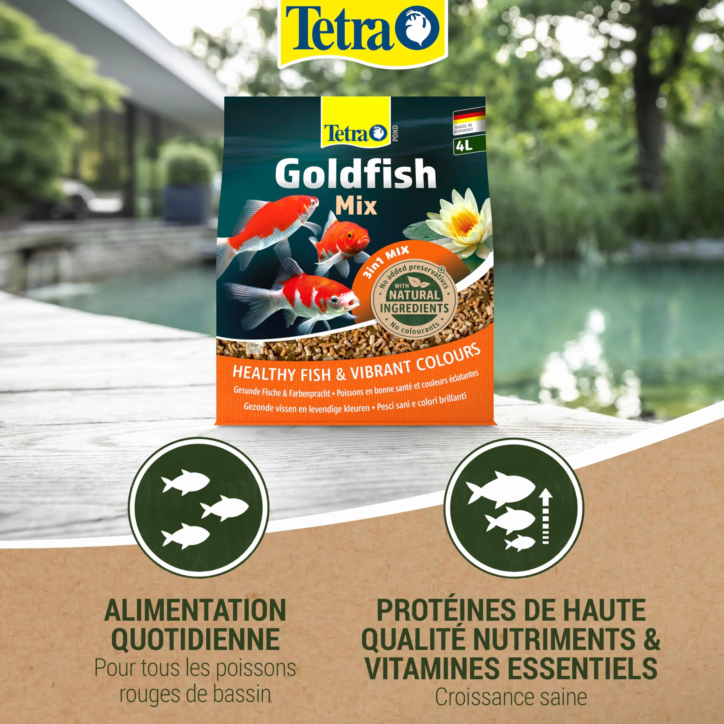Tetra Pond Goldfish Mix – Aliment Complet pour Poissons Rouges de Bassin - Sticks, Flocons, Gammarus - 4 L