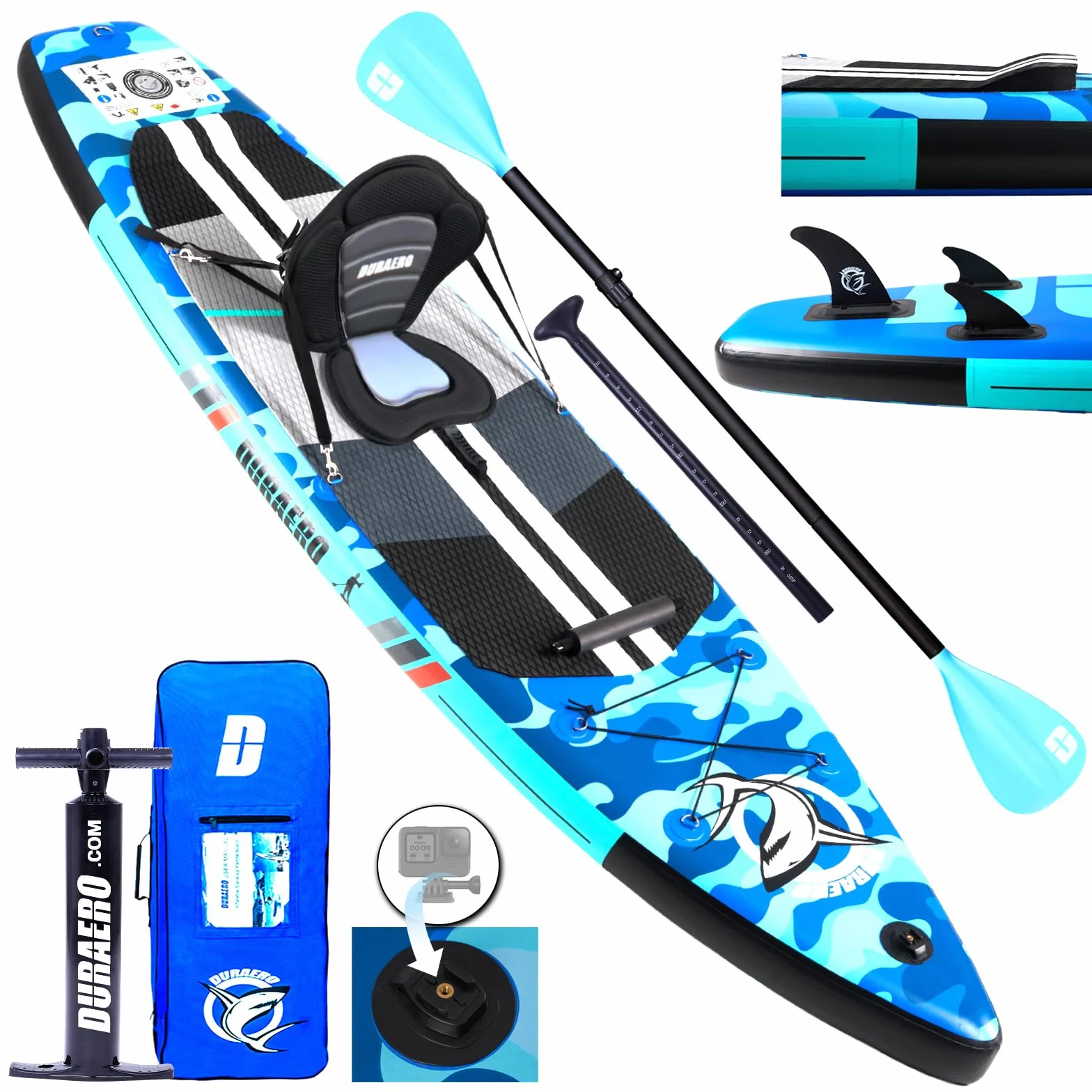 Planche de Stand up Paddle Gonflable, 330 x 76 x 15 cm, siège de Kayak, capacité de Charge jusqu'à 150 kg, Support pour caméra, Kick-Pad intégré, 3 ailerons, pagaie Double réglable, Camouflage Blue