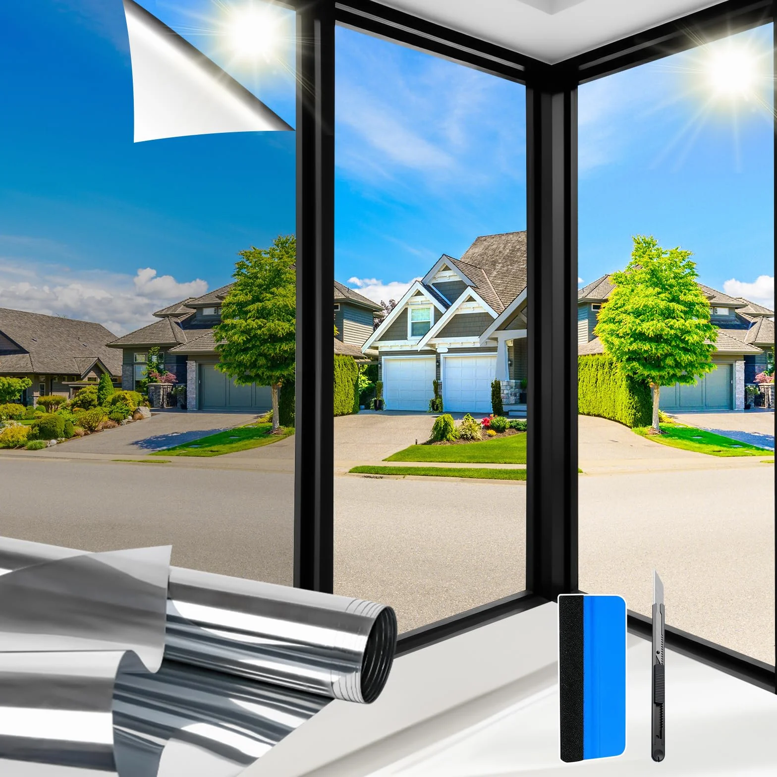 Film Fenetre Anti Regard Anti Chaleur Effet Miroir Anti UV Kit Pose Protection Vie Privée Soleil Maison Bureau Balcon Magasin 44.5x120cm 2 Rouleaux