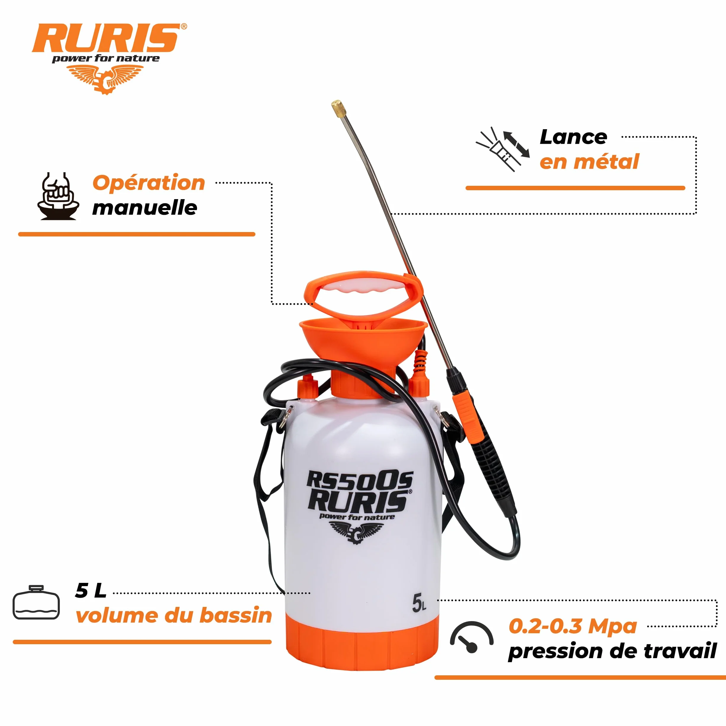 RURIS Pulvérisateur Manuel RS500S 5L Lance Métallique 2-3 Bar Jardin Serre