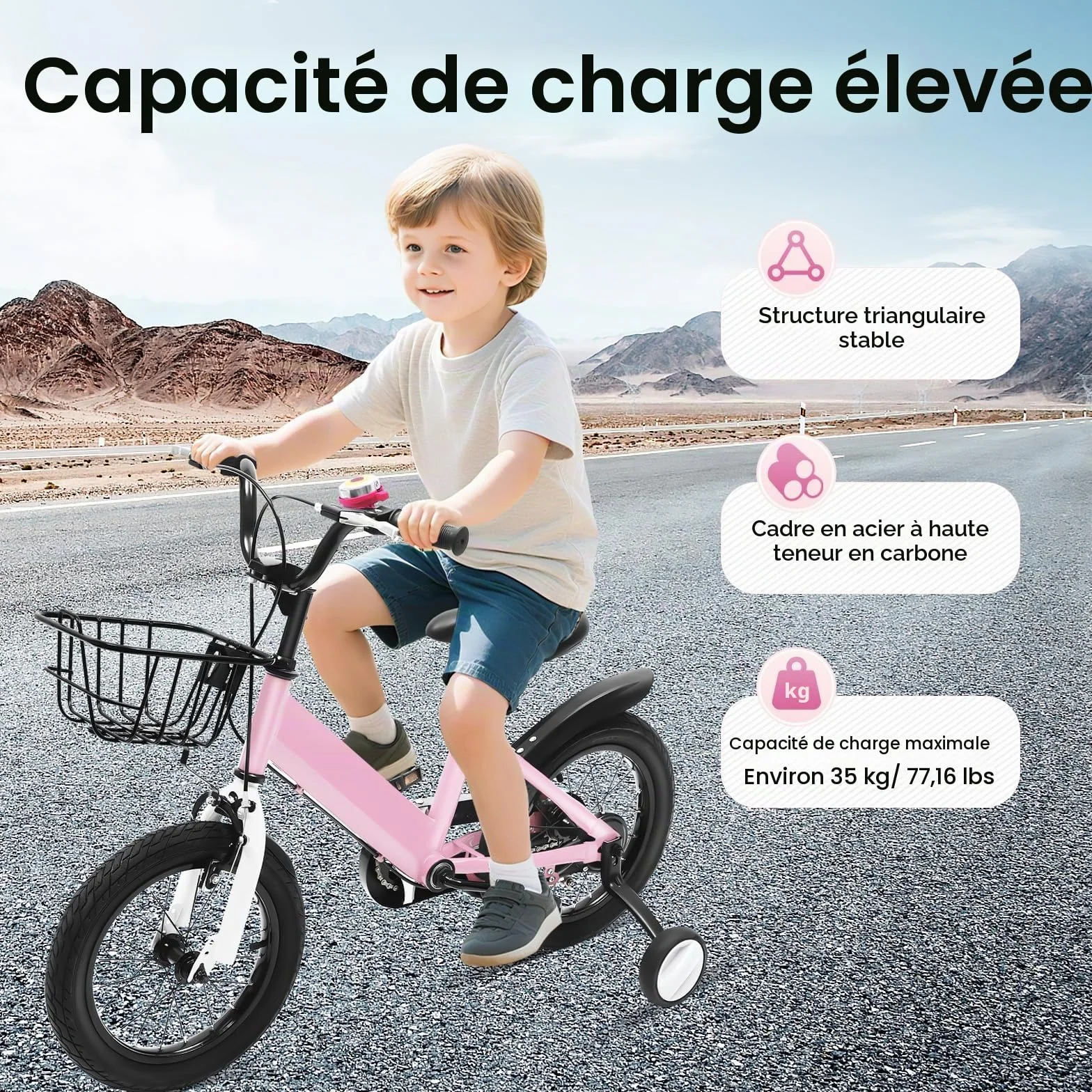 Vélo Enfant de 14 Pouces pour Garçons et Filles à partir de 3 à 7 Ans avec Roues Stabilisatrices et Panier - Hauteur Réglable - Rose